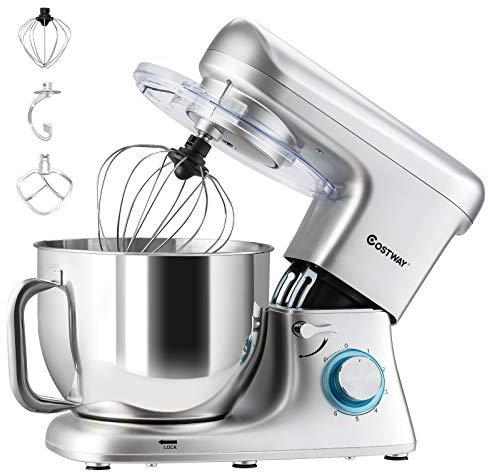 COSTWAY 1400W Küchenmaschine mit Griff, 7L Rührmaschine, Knetmaschine Edelstahl, 6 stufen Teigmaschine inkl. Schneebesen, Knethaken, Rührbesen und Spritzschutz (Silber)