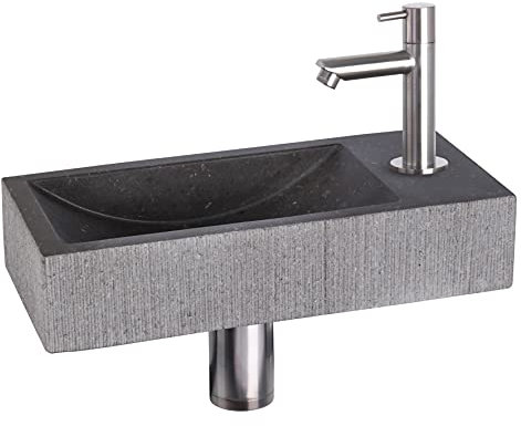 Differnz Ribble Waschbecken - Waschtisch Bombai Schwarz Naturstein - Gerade Armatur Matt Chrom - Komplettset - 38 x 18 x 8 cm