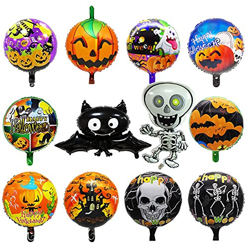 Yisscen Halloween Party Luftballons, 9 Stück Halloween Dekoration Folienballon Helium Ballons, Partyballon Deko, Kürbisse Skelett Fledermaus Ballon, für Halloween, Fasching Karneval Kinder Party Deko