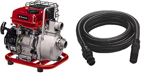Einhell Pompe d’évacuation thermique GC-PW 16 (1.6 kW, moteur 4 temps, embout de remplissage) & Accessoire Kit tuyau d'aspiration noir 7 mètres avec embouts en PVC - température max. : 35°