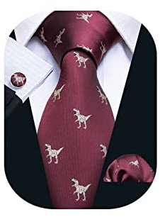 Barry.Wang Paisley Herren-Krawatten-Set, Seidenkrawatte, Einstecktuch, Manschettenknöpfe, formelle Hochzeit, Party, Business, Dinosaurier Rot, Einheitsgröße