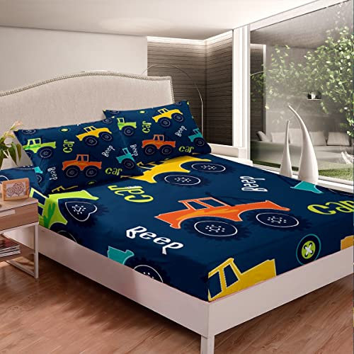 Cartoon Auto Bettlaken Set Bau Kinder Spannbetttuch Jungen Mädchen Ausrüstung LKW Dekor Bettwäsche Set Mikrofaser Cartoon Auto Bagger Traktor Bettbezug Schlafzimmer voll