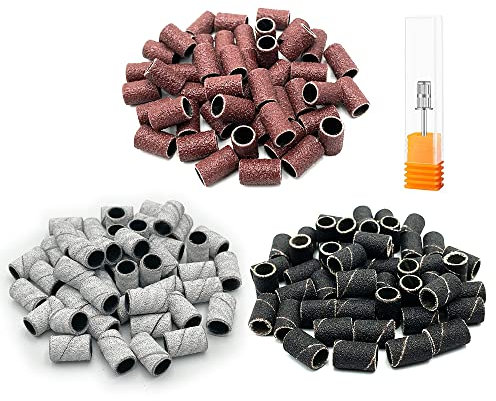 LICQIC 150 Pcs Nail Sanding Bands, 80#120#180# Grit 3 Colors Nail Art Sanding Bands with 1 Pcs 3/32 Inch Nail Drill Bit for Manicures and Pedicures Care Nail Tools
