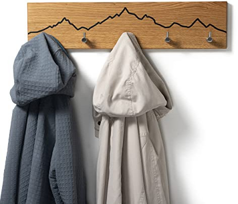 WOODS Garderobe aus Eichenholz mit Berg Motiv | handgefertigt in Bayern | Garderobenleiste Holz | Hakenleiste Wandgarderobe Deko-Berge (Edelstahl Haken, 70cm (6 Haken))