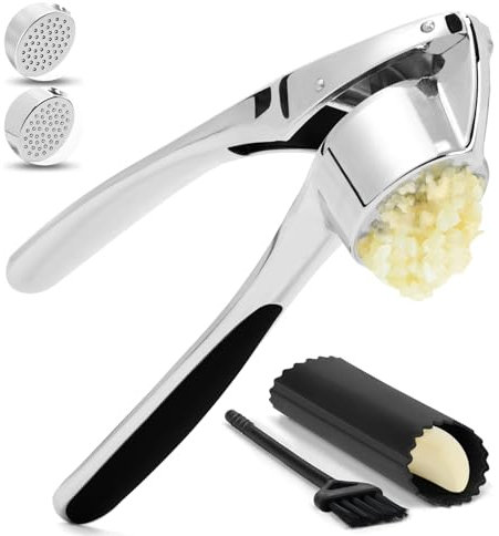 CUNSENR Knoblauchpresse mit Silikonschäler und Bürste – Fleischwolf & Zerkleinerer – einfach zu bedienen und zu reinigen – rostfrei – spülmaschinenfest – Knoblauch mit Leichtigkeit drücken (hell,