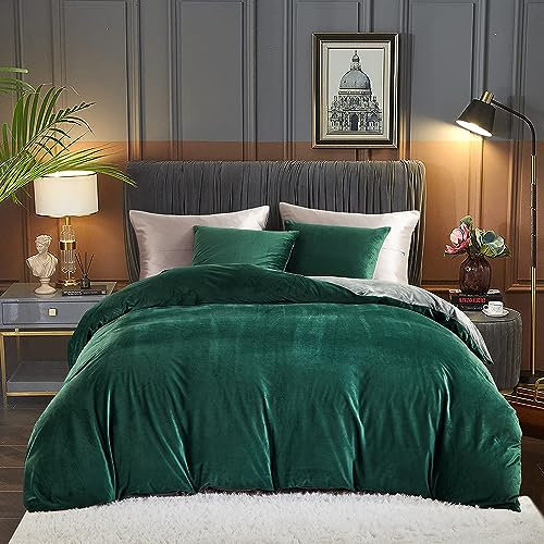 Freyamy Housse de Couette Flanelle 200x200cm Vert foncé Gris Peluche Parure de lit 2 Personne Velours Hiver Chaude avec Fermeture Éclair Sherpa Linge de lit Réversible avec 2 Taie d'oreiller 65 x 65cm