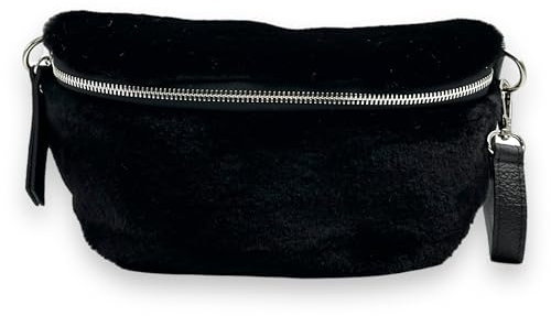 Plüsch Bauchtasche Damen Teddyfell Crossbody Bag Hüfttasche Gürteltasche Schultertasche Silberne Karabiner (Schwarz)