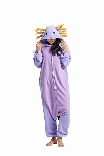 Simzoo Pigiama A Tutina con Animali per Adulti Uomo Donna Costume Viola Axolotl Pigiama Unisex Intero per La Casa