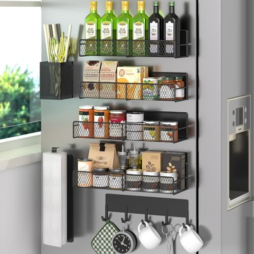 Magnetisches Gewürzregal für Kühlschrank, 7 Stück, Metall, magnetisches Regal, schwarz, beweglicher Gewürz-Organizer mit Hakenleiste, Papierhandtuchhalter, Küchenutensilienhalter, starke magnetische