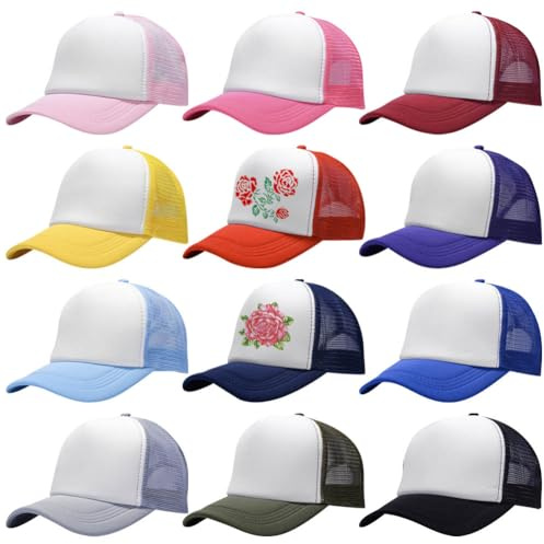 Besforta 12 Stück Sublimations-Baseballkappe, Unisex, einfarbig, Netzstoff, Trucker-Kappe für DIY-Stickerei, Sublimationsdruck