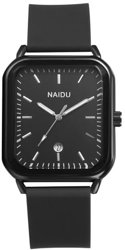 JewelryWe Herrenuhr Silikon Rechteckige Uhr: Klassische Einfache Datum Kalender Analog Quarz Armbanduhr Herren Damen Schwarz Gummi Armband Lässige Sport Uhr mit Eckigem Zifferblatt