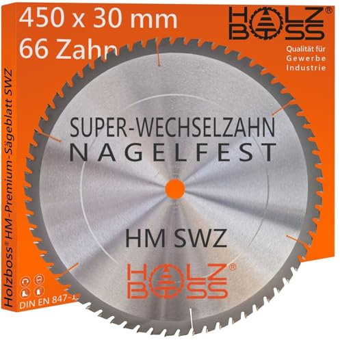 Holzboss ® HM-Sägeblatt 66 x Zahn nagelfest SWZ 450 x 30 mmØ Super-Wechselzahn HW Kreissägeblatt für 450x30 mm Wippsäge Tischkreissäge Brennholz mit Betonbeschlag Feinschnitt Holz Acrylglas