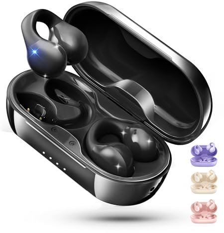King Lucky i21 Open Ear Clip On Earbuds Wireless Bluetooth Ear Clip Headphones with Mic, Noise Cancelling, Waterproof IPX4, for Small Ears, Perfect for Running, Sports, and Glasses Wearers Black
