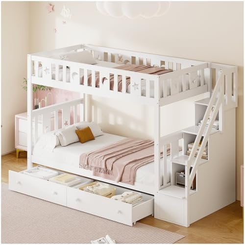 Racxily Litera con Escalera de Almacenamiento y Dos Grandes cajones, Cama Infantil 90 x 200/90 x 200 cm, literas Juveniles de Madera Maciza con Escalera de Seguridad y somier de láminas, Blanco