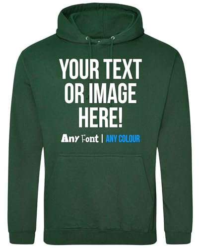 Personalised Hoodie Mens Womens Any Text Image Photo Custom Hoody Hooded Sweatshirt, XL, Bottle Green
