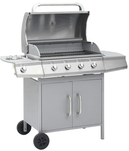 Brokky Gas Barbecue Grill 4+1 Cooking Zone Silver Stainless Steel,Original 5 Gas Burner 4+1 Garden Grill, Steel Warming Rack, Side-Burner, Storage & Built-in Temperature Gauge for Home Garden Party Ou