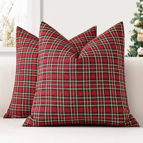 JOTOM 2er Set Weihnachten Schottisches Karo Kissenbezüge, Dekorative Plaid Tartan Wurf Kissenbezug Sofakissen Dekokissen Zierkissenbezug für Wohnzimmer Schlafzimmer Deko (40x40cm, Rot)