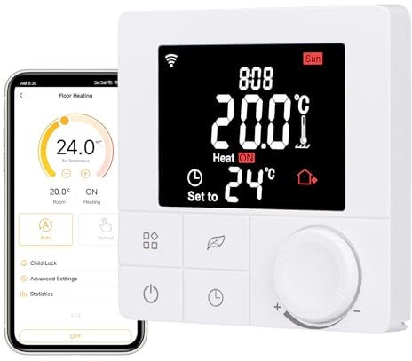 Wengart Termostato Tuya R8W, CA 230V 3A para Sistema de Calentamiento de Agua, termostato WiFi con Volante de programación semanal de 2,4 GHz, Compatible con Alexa Echo/Google Home