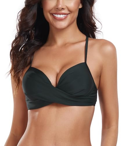 RELLECIGA Damen Push Up Bikinioberteil Twist Front Bügel Bikini Top Schwarz M