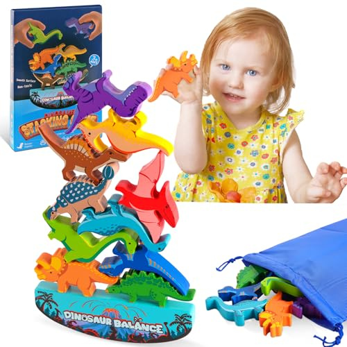 Vicloon Dinosaurier Stapelspielzeug aus Holz, Stapelspiel ab 3 4 5 Jahre, Balancierspiel mit 10 Dinosaurierfiguren aus Holz, Montessori Spielzeug, Geburztag Weihnacht Ostern Geschenk für Mädchen Junge