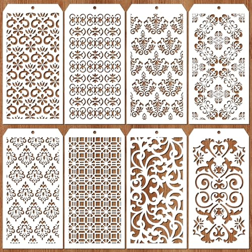 JSRQT 8 Pièces Pochoirs de Damassé,Pochoirs de Peinture de Texture,Pochoir de Dessin Superposition, Stencils Pour DIY Décor, Pierre, Art Mural, Toile, Meubles en Bois 4,7 x 9,45”