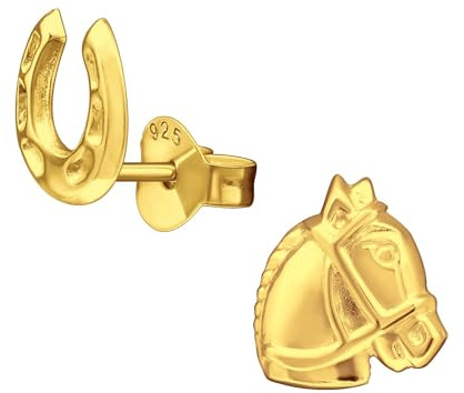 Monkimau Hufeisen & Pferd Kinder Ohrringe | 925 Silber | Mädchen Ohrstecker Schmuck | Hypoallergen & Nickelfrei | Kinderohrringe Geschenkidee
