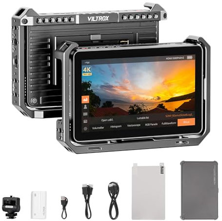 VILTROX DC-X2 - Monitor de cámara con visualización táctil de 6 pulgadas con jaula de aparejo, kit de monitor de campo de video HDMI de entrada y salida 4K con parasol para sol, LUT 3D, forma de onda,