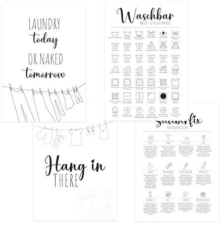 Wäsche Poster Set – 4er Set Waschraum Wandbilder DIN A4 – Minimalistische Waschküchen Dekoration – Schwarz-Weiß Waschzeichen Poster – Skandinavische Wanddeko für Hauswirtschaftsraum & Waschkeller
