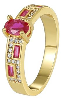 Bishilin Eheringe Gold 585 Einzeln Damen, Trauringe mit Oval Rubin und Moissanit Hochzeit Ringe Frauen Verlobungsringe Nickelfrei Größe 62 (19.7)