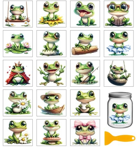 GLOBLELAND 18 Blatt Niedliche Frosch Transfer Aufkleber 3.9x3.6 Zoll Blumen Pilze Bunte Transfer Abziehbild Rub On Transfer Für Möbel Vase Glas Kunsthandwerk Dekorationen