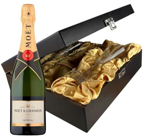 Moet & Chandon Brut Imperial Champagne and Flutes in Wooden Hinged Presentation Box 75cl 12.5% abv