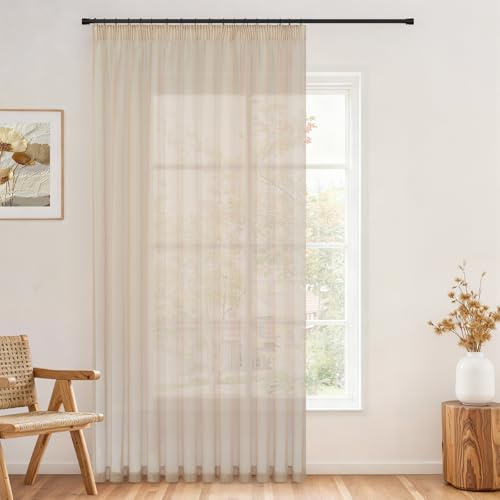 Topfinel 1 Stücke Gardinen Beige Wohnzimmer Kräuselband für SchienensystemVorhänge Halbtransparent Voile Vorhange Hell Vorhang Gardine 300x290cm