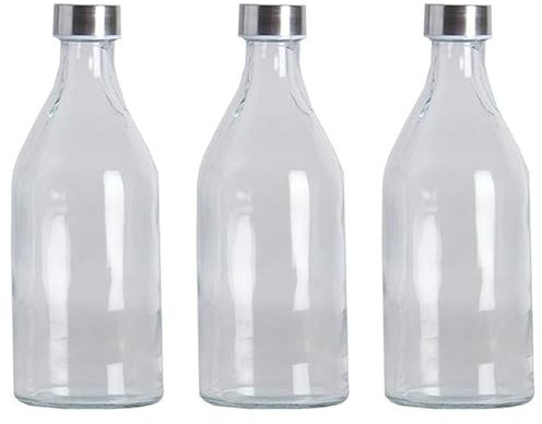 Acan Tradineur - Pack de 3 Botellas de Vidrio de 1 litro, tapón de Acero, Agua fría o Caliente, Bebidas, té Helado, Limonada, frigorífico - 25,5 x 9,5 cm