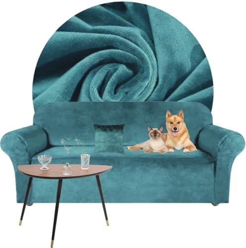 Domidekor - Sofa Überzug Türkis - Couch und Sofabezug 3 Sitzer - Sofaüberwurf für Wohnzimmer - Sesselbezug Stretch - Elastische Samt Couchbezug - Breite 190-230cm - Oeko-Tex 100