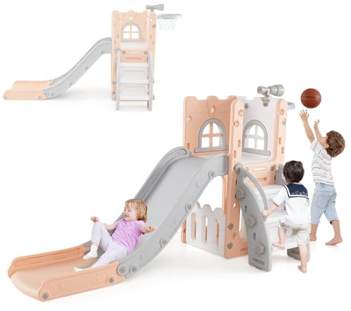 HOMASIS 6 en 1 Toboggan pour Bébé 1 à 3 Ans, Jouets pour Enfants avec Panier de Basket et Télescope, Structure Triangulaire Stable, Panier de Basket pour Garçons et Filles (Rose+Gris)