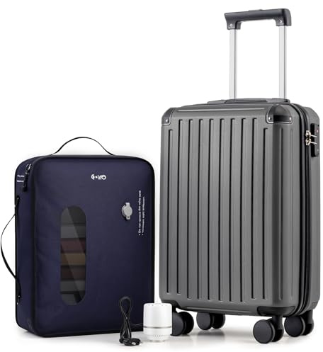 COOLIFE Ryanair Vakuum Handgepäck Koffer 55X35X20cm + Vakuumbeutel für Kleidung +60% mit Pumpe | ABS+PC Hartschalenkoffer mit TSA-Schloss und 4 Zwillingsrollen Für Easyjet, Große Reise