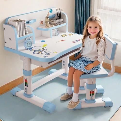 ilkqeppe Schreibtisch Kinder, Kinderschreibtisch Höhenverstellbar, Kinder Schreibtischstuhl mit Bücherregal und Schublade für Schlafzimmer und Arbeitszimmer (Blau-c)