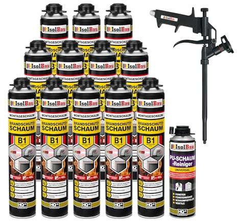 Isolbau - Bauschaum B1 - Montageschaum - PU-Schaum 12 x 750 ml - Pistolenschaum,1 x PU-Schaum-Reiniger & 1 x Schaumpistole - 1K Brandschutzschaum - Dämmschaum - Abdichtung, Wärmedämmung