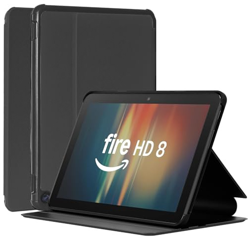 Funda para tablet Amazon Fire HD 8 (12ª/10ª generación, versión 2024/2022/2020), funda protectora delgada de poliuretano termoplástico con soporte triple, compatible con apagado y encendido automático
