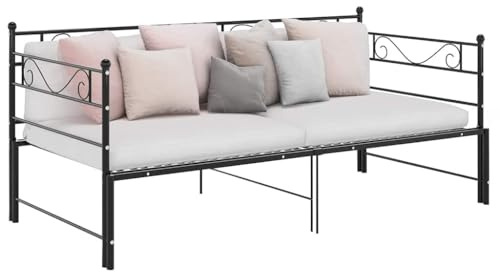 QUAHEAS Tagesbett Ausziehbar Schwarz Metall 90x200 cm, Multifunktionales Schlafsofa für Gäste, Robustes Bettgestell Platzsparend für Zwei Personen, Pulverbeschichtet