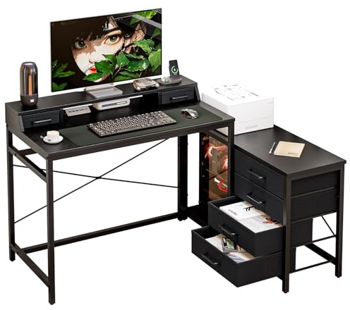 Uptyia Escritorio Gaming Esquinero con Cajones y Soporte para Monitor | Reversible izquierda/derecha, 135 × 100 cm, Negro, Ideal para PC y oficina en casa