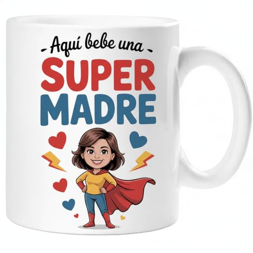 Taza SUPER MADRE – Regalo Original para MADRE | Taza de Cerámica 325ml con Diseño Superhéroe | Apta Microondas y Lavavajillas