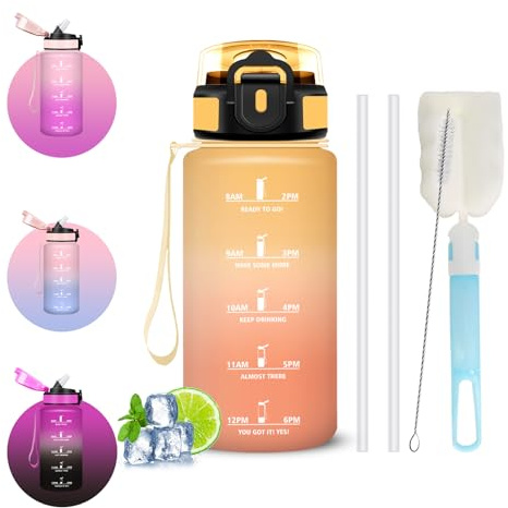Gourde 500ml, Gourde Enfant avec Paille, Brosses pour Paille et Bouteille, Facile à Nettoyer, Bouteille Anti Fuite, Verrou de Sécurité, Gourdes avec Marqueur de Temps pour Yoga, Camping, Fitness