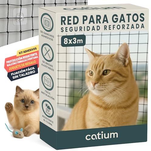 Red Para Gatos 8x3m Seguridad Reforzada Ideal Balcón Ventana Terraza Protección Exterior Interior Malla Antidesgarro Duradera Montaje Kit Completo Ganchos Adhesivos Bridas Juguete Regalo (8x3 metros)