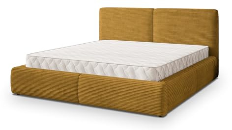 Masseno Polsterbett FELURO P 200x200 cm, Doppelbett, Bettkasten, Stauraum, Lattenrost Und Kopfteil - Gelb, POSO 01