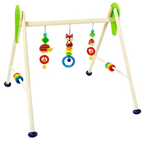 Hess Holzspielzeug 13379 - Spielgerät aus Holz, Serie Waldtiere, für Babys, handgefertigter Spielbogen mit farbenfrohen Figuren und Rasseln, ca. 62 x 55 x 50 cm