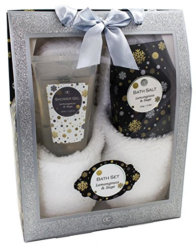 Badeset GLITTER Geschenkbox mit Pantoffeln Duschgel Badesalz - ZITRONENGRAS SALBEI