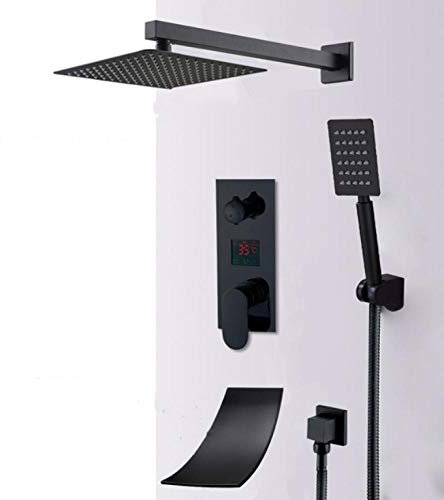 Huin Ensemble de robinet de douche à affichage numérique à LED noir mat de 16 pouces, cascade de pluie, système de douche de baignoire noire à LED, mitigeur de bain