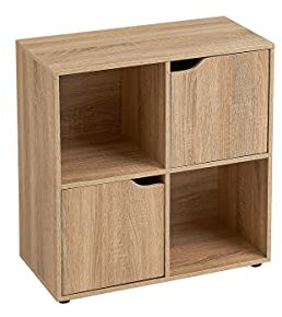 LOLAhome Estantería de Madera, Librería, Estantería Cubo con Puertas y Compartimentos Abiertos, Mueble almacenaje, en Color Natural de 60x29x60 cm para para Estudio,Dormitorio, Salón y Oficina