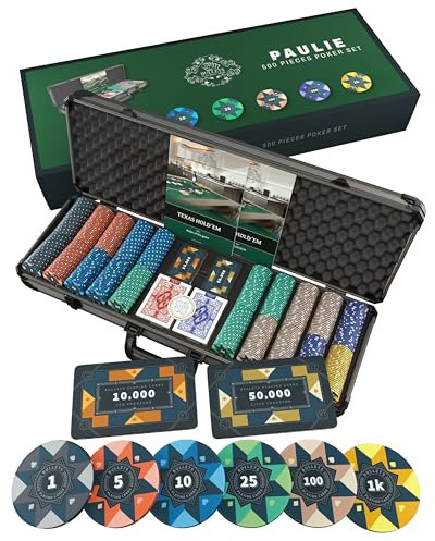 Bullets Playing Cards, Pokerkoffer Paulie, Pokerset mit 500 Keramik Pokerchips mit aufgedruckten Werten, inkl. Doppelpack Pokerkarten und Keramik Pokerplaques